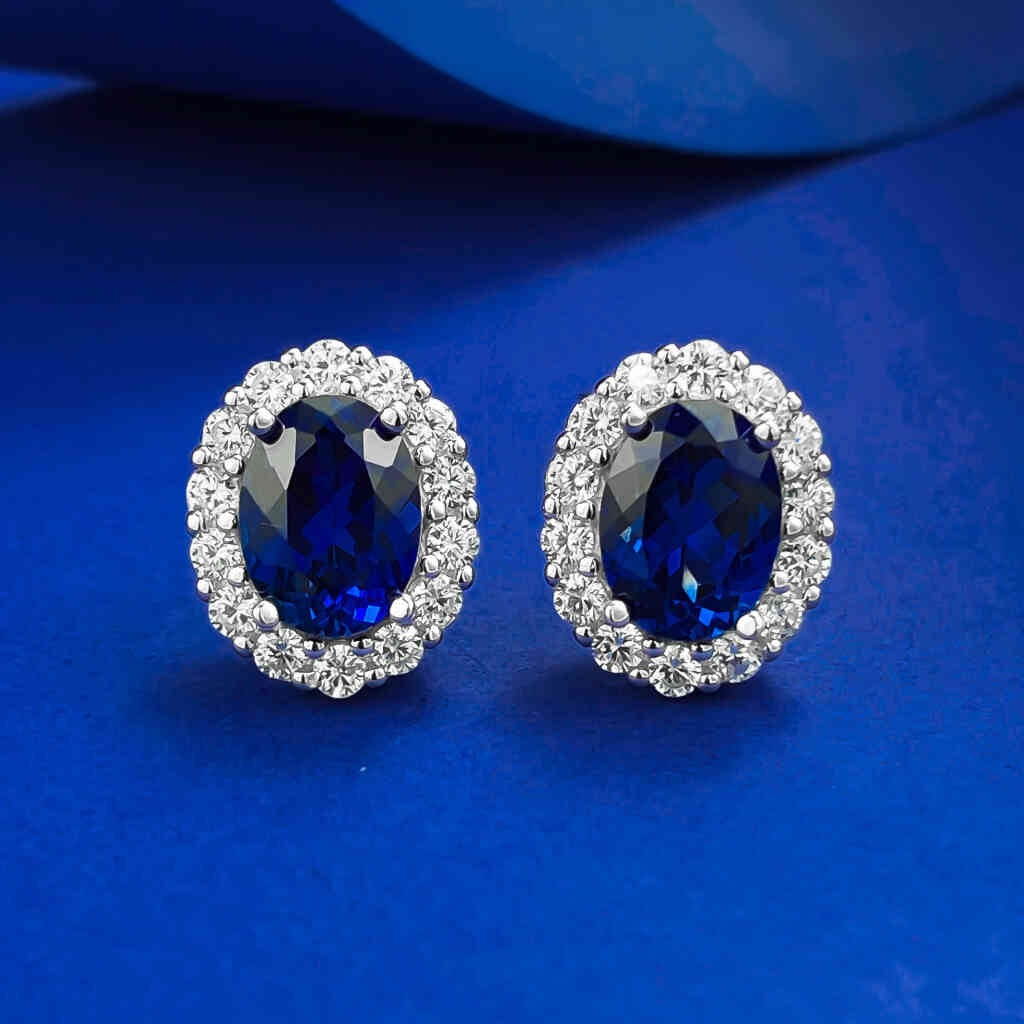S925 Silver 6*8mm Oval Blue Sapphire Stud Earrings