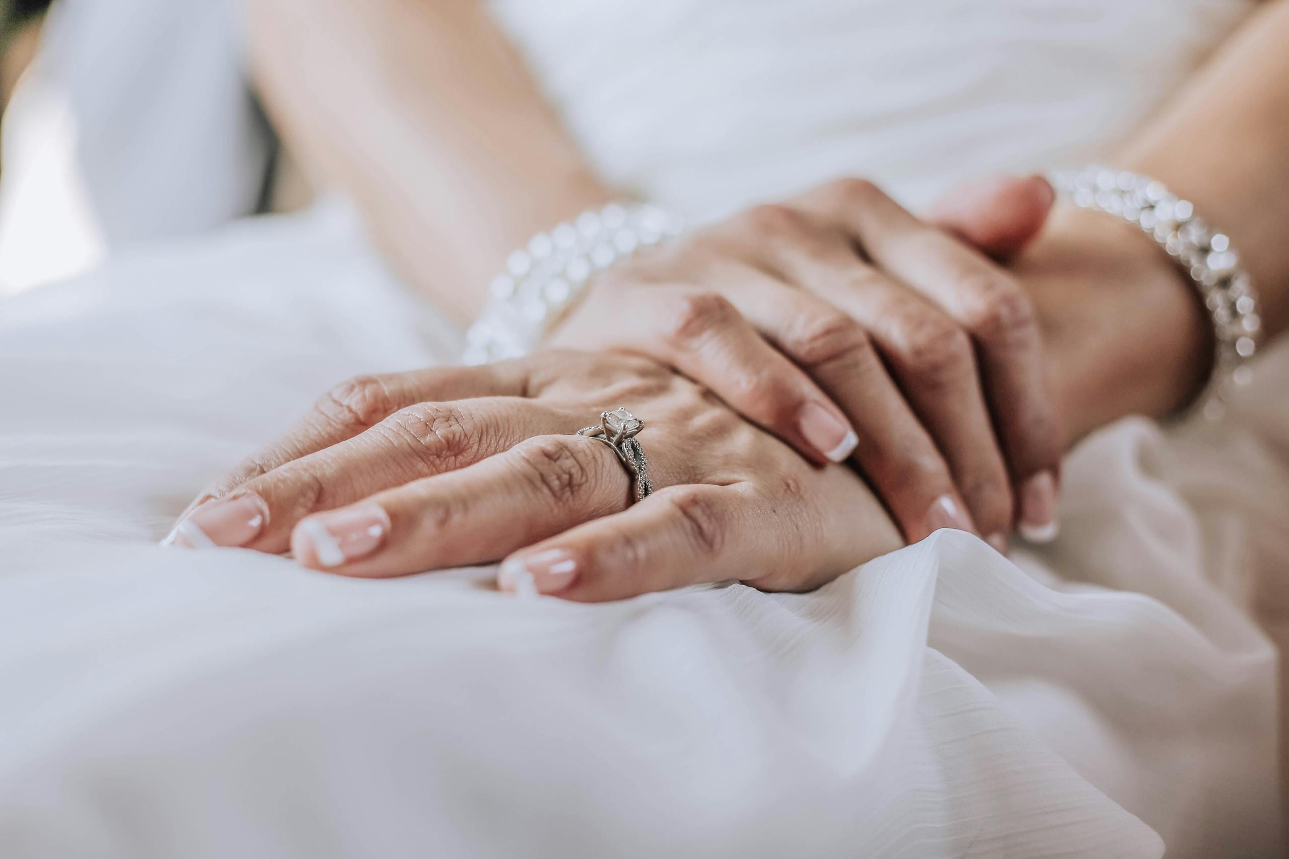 Close-up image of a bride's hands adorned with a wedding ring and jewelry, showcasing elegance.
